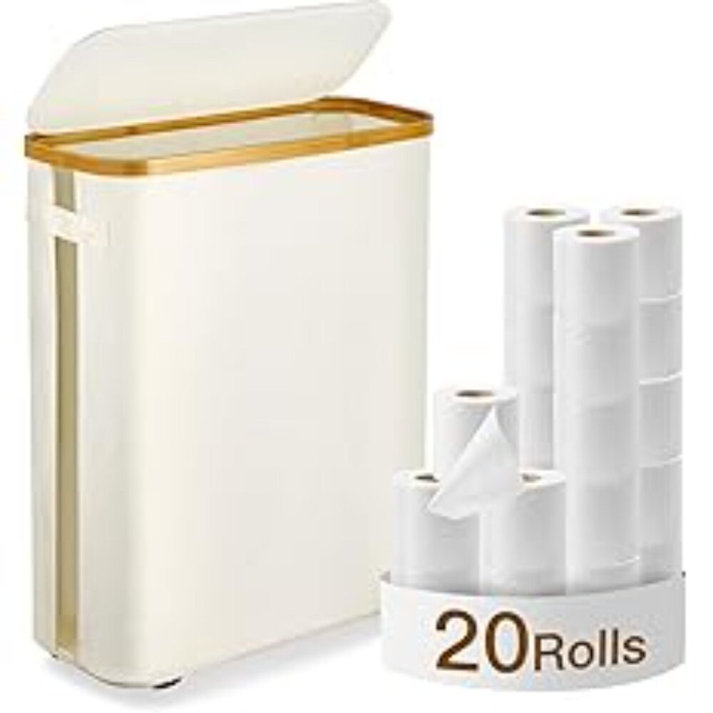Bathroom Toilet Paper Storage Basket, Container w/ Lid 12 Mega Rolls Collapsible